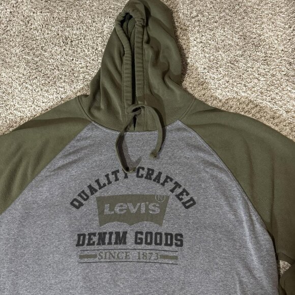 Levis Hoodie Sweatshirt Mens XL Gray Green Daffy Raglan Denim Goods Logo Fleece - Picture 2 of 7